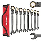 WORKPRO 8-piece Flex-Head Ratcheting Combination Wrench Set, Cr-V Constructed, Nickel Plating with Organizer Bag